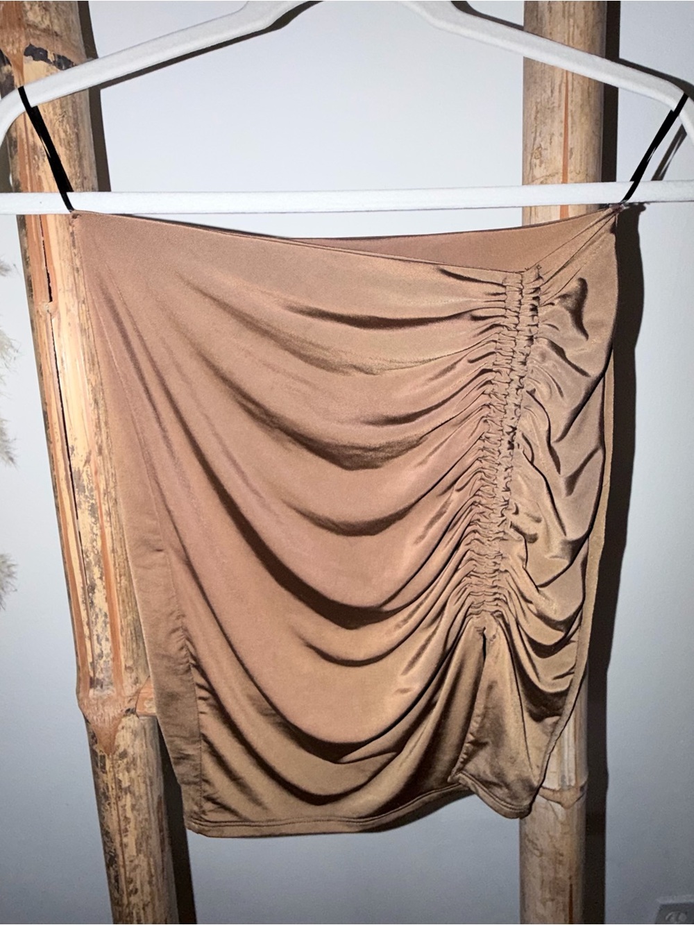 Ruched Satin Mini Skirt in Camel